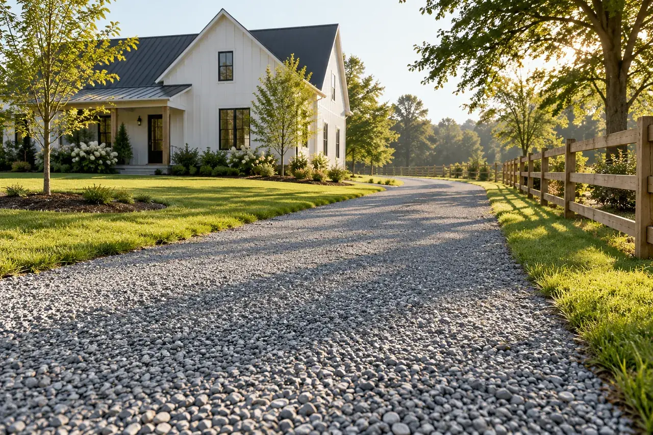 Illustrative gravel driveway beside planted grounds
